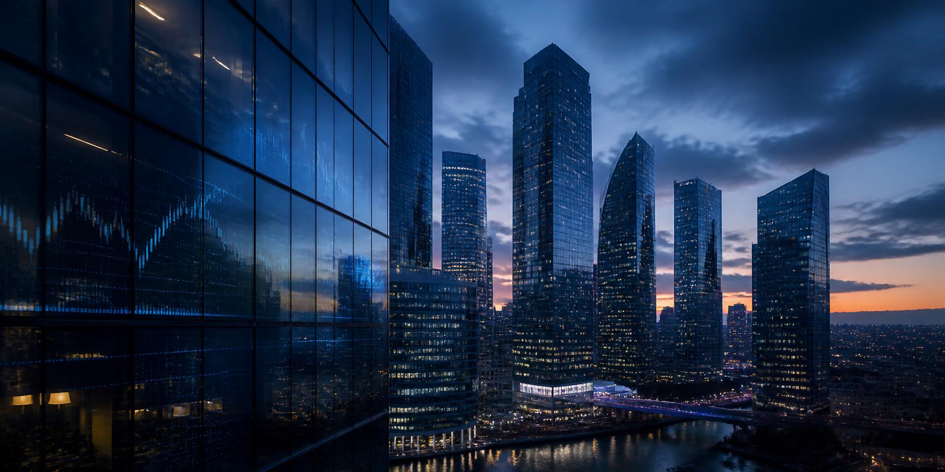 A modern global business district at dusk